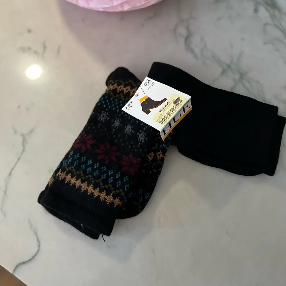 Hue Boot Socks 2 pairs pattern and black/ one size fits most NWT